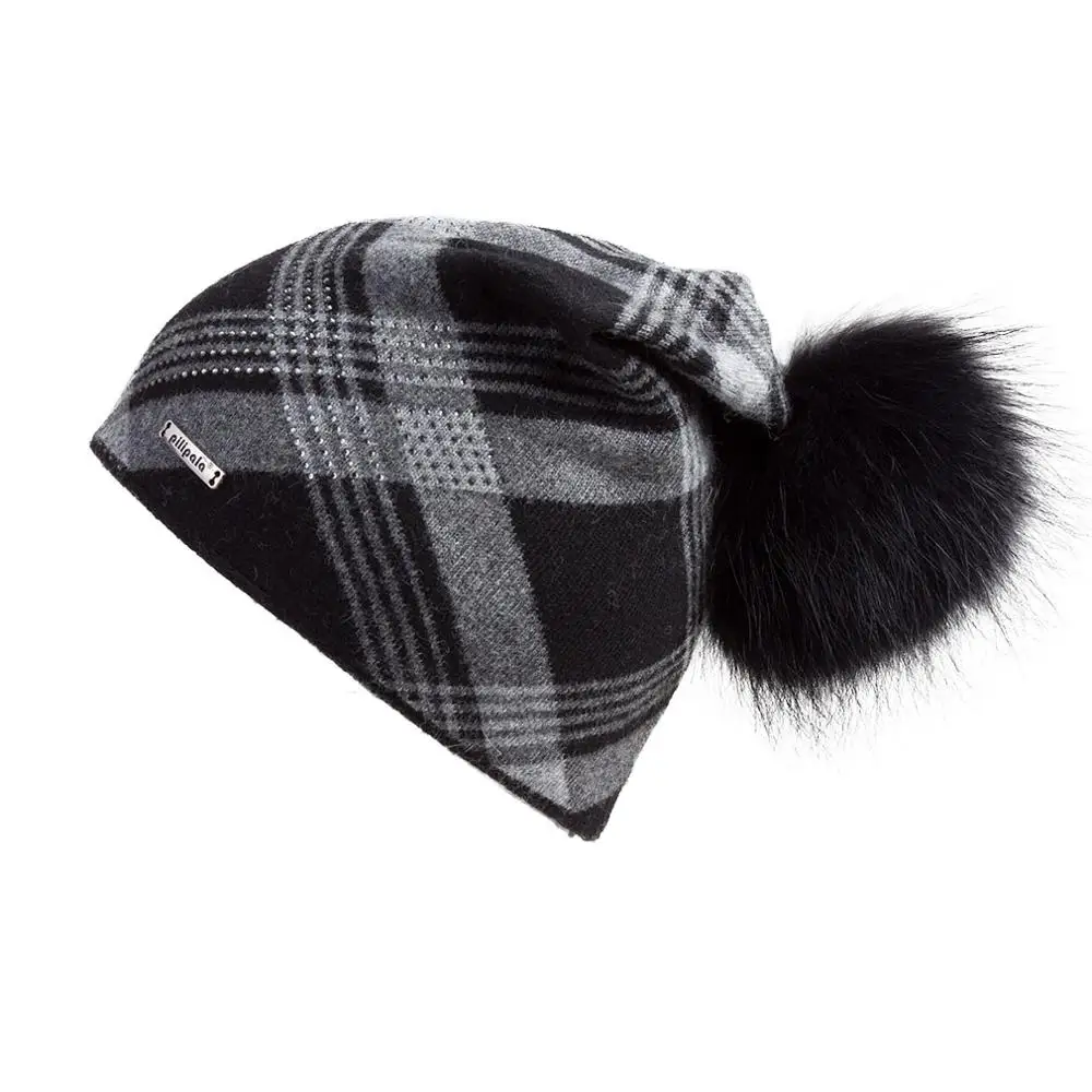 Black(black pompom) Кашемировая Шапка-бини большого размера с пушистым помпоном из натурального меха для женщин, зимняя теплая клетчатая шапка с помпоном Fur Story 17603D - Цвет: Black(black pompom)