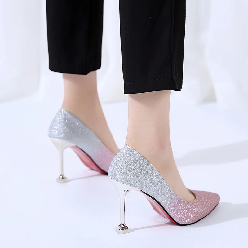 Ins Girls High-heeled Shoes Fashion Women Wedding Wild Pointed Toe Shallow Mouth Silver Sequins Thin Heels | Обувь