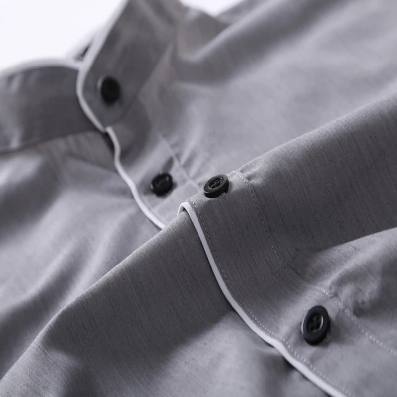 

New 2019 Luxury Men Long Sleeved Shirt Autumn Casual Mandarin Collar Men's Shirt Cotton Slim Plus Size Black Men Clothing M-2XL