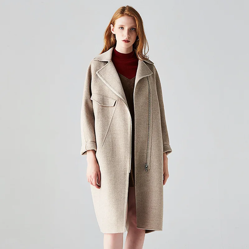 

Длинные шерстяные кашемировые пальто для женщин 2019 Осень Зима повседневные женские куртки размера плюс высокое качество Бежевый двусторон...