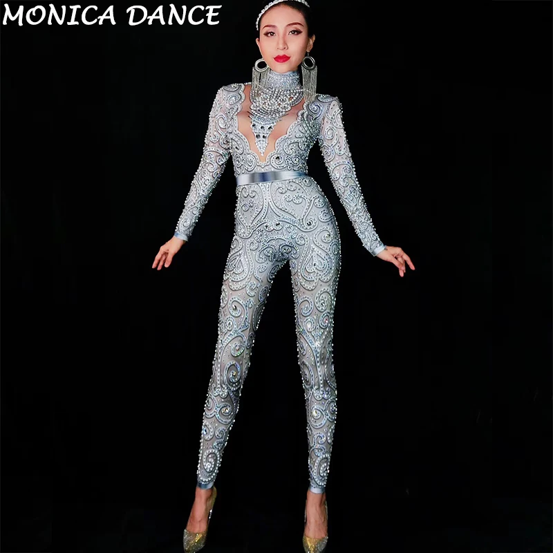Sexy Silver Crystals Jumpsuit long Sleeves Birthday Celebrate outfit Stretch Sexy Bodysuit Stage Performance Dance Jumpsuit