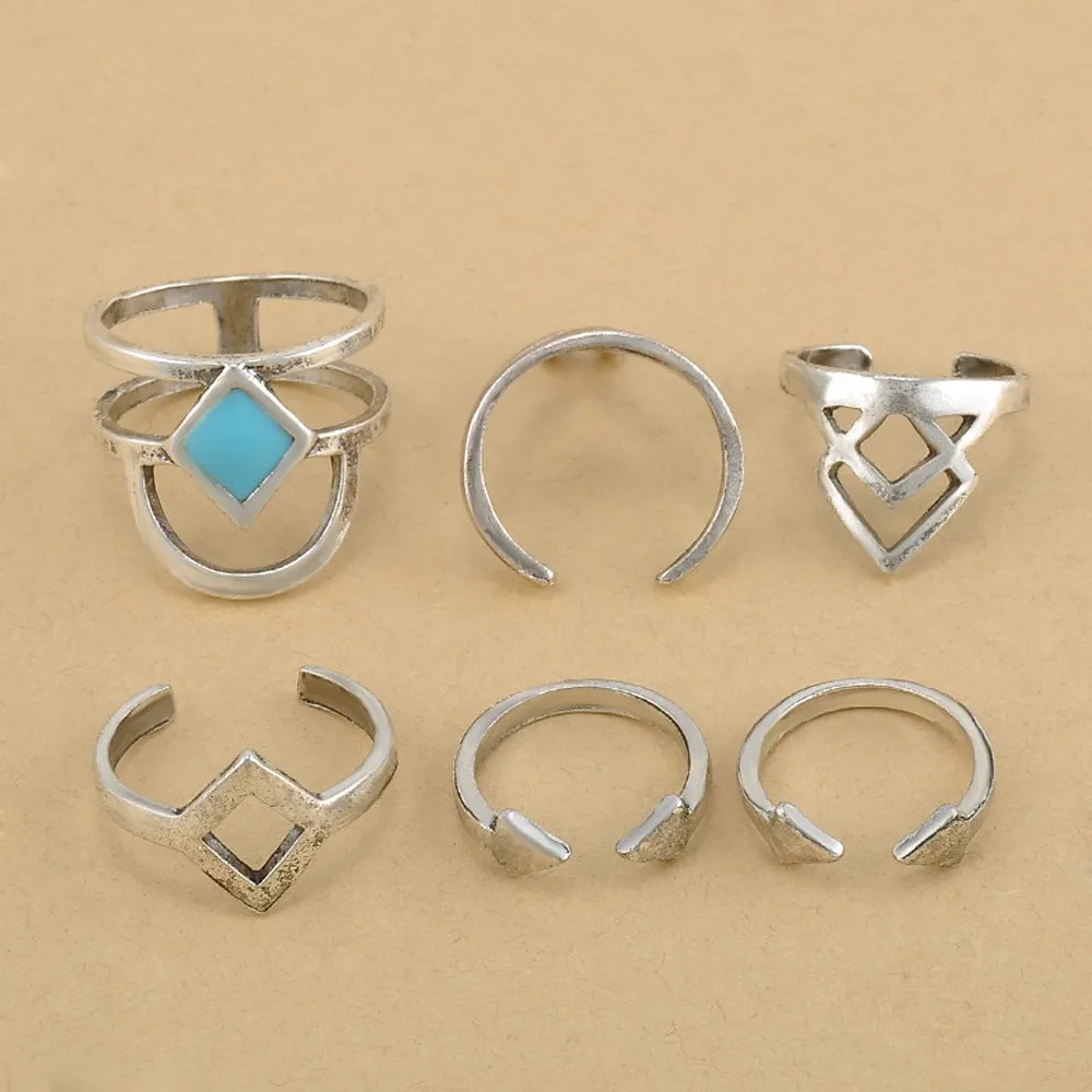 Чешские 6 шт./Pck Vintage Анти Серебряные Голубая Бирюза Кольца Повезло Стекируемые Midi