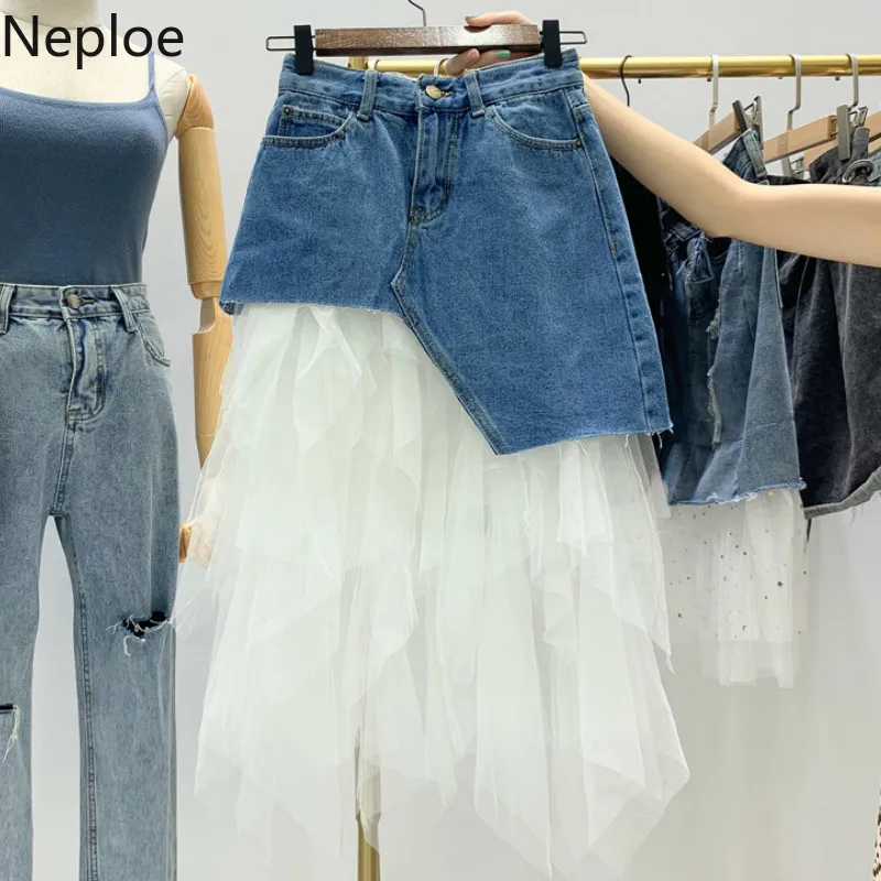 Neploe Irregular Denim Mesh Patchwork Skirts Women Fashion Button Fly Pockets Skirt Waist A-Line Jupe Femme 44101 | Женская одежда