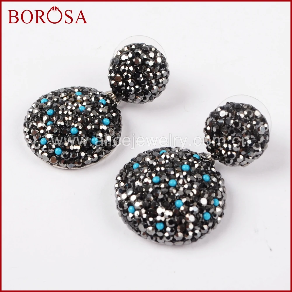 

BOROSA Silver Color Handcrafted Round Charm Druzy Drop Earrings Rhinestone Pave CZ Dangle Earrings Gems Jewelry for Women JAB772