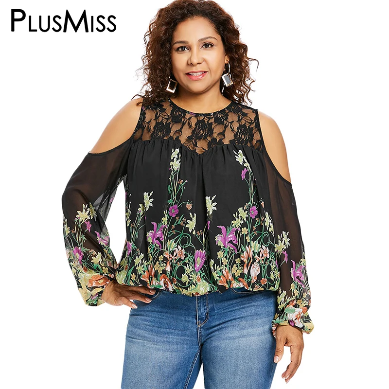 PlusMiss размера плюс 5XL XXXXL XXXL цветочный Цветочный принт кружево Шифоновая блузка