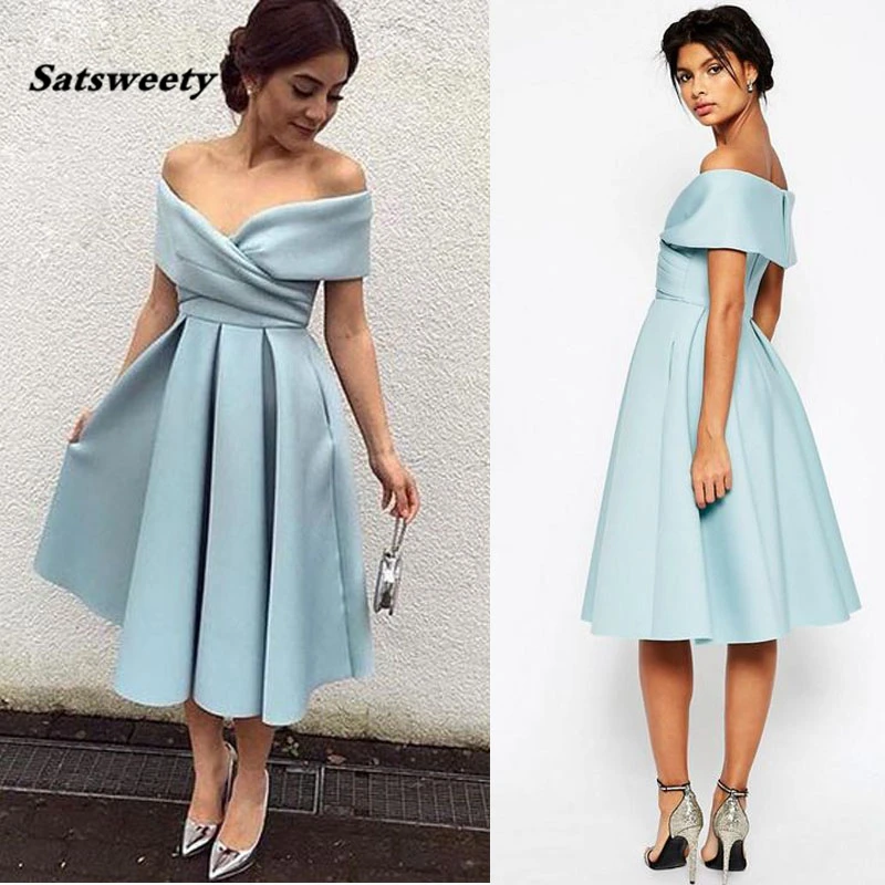 

Blue Off The Shoulder Prom Dress Ruffles Satin Tea Length Evening Gowns With Pockets Elegant Party Dresses Mid Calf Length