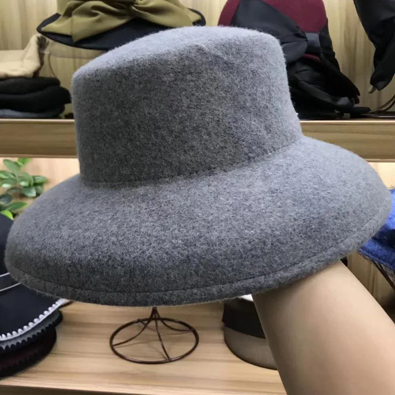 Новинка 10 см с широкими полями женская шапка серый черный шерсть фетр зимняя дамская шляпа-колокол Дамская мода Fedoras церковный высокое качество