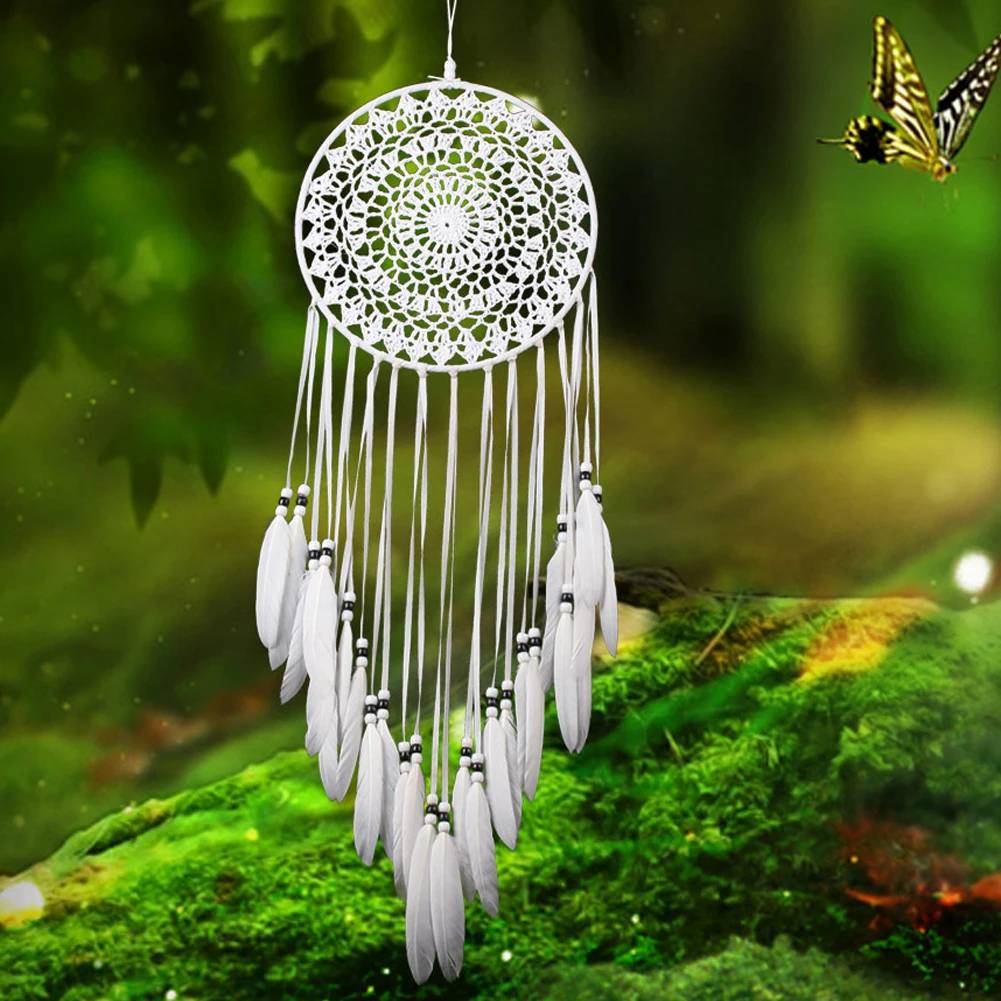 Индийский стиль ручной работы кружева Ловец снов Windchimes с белым пером автомобиля стены висящий мечтатель украшение дома