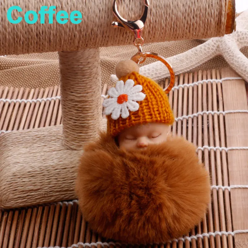 Coffee Спящая кукла, брелок с помпоном из искусственного меха, автомобильный брелок, детская игрушка, брелок для ключей, Женский держатель для ключей, сумка, подвеска, ювелирное изделие, подарок - Цвет: Coffee