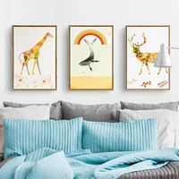 haochu triptych nordic wall picture geometric cute animal print giraffe whale canvas painting for kids baby nursery room decor