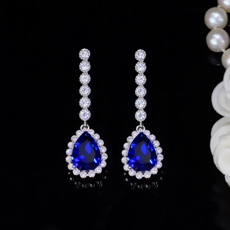 blue CWWZircons Высокое Качество великолепные AAA кубического циркония классические женские ювелирные изделия для ушей CZ кристалл слеза Висячие серьги для женщин CZ025 - Окраска металла: blue