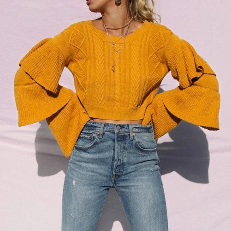 Женский трикотажный свитер с оборками укороченный топ в рубчик длинным рукавом и