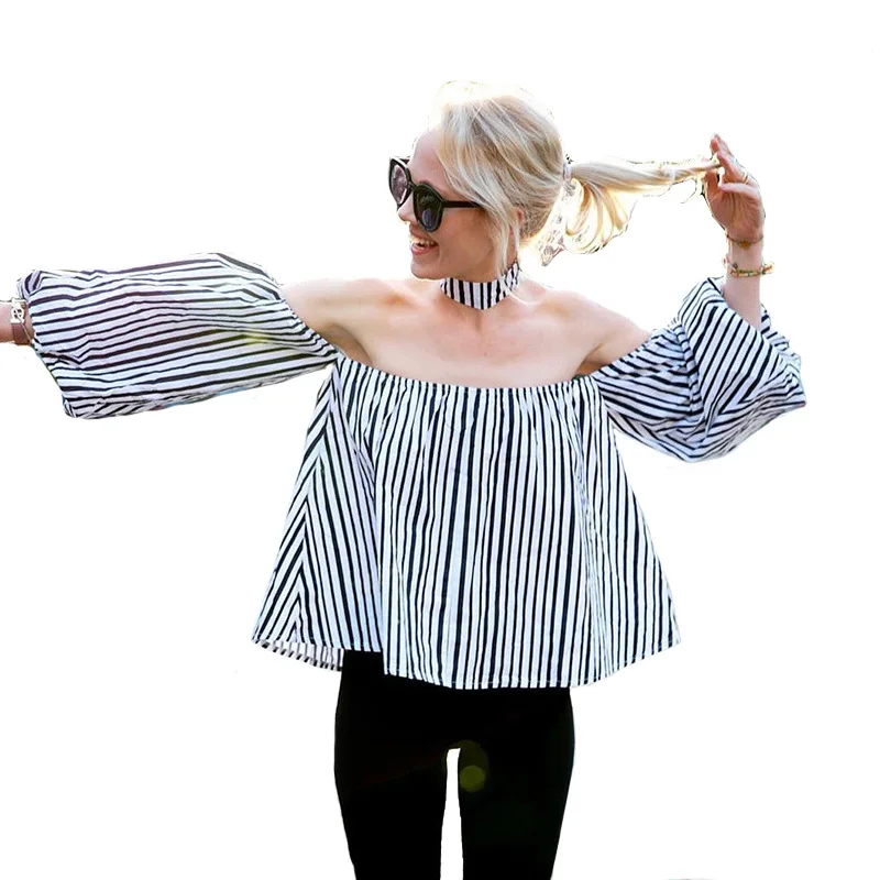 

Женская блузка в полоску, с открытыми плечами и рукавами-фонариками