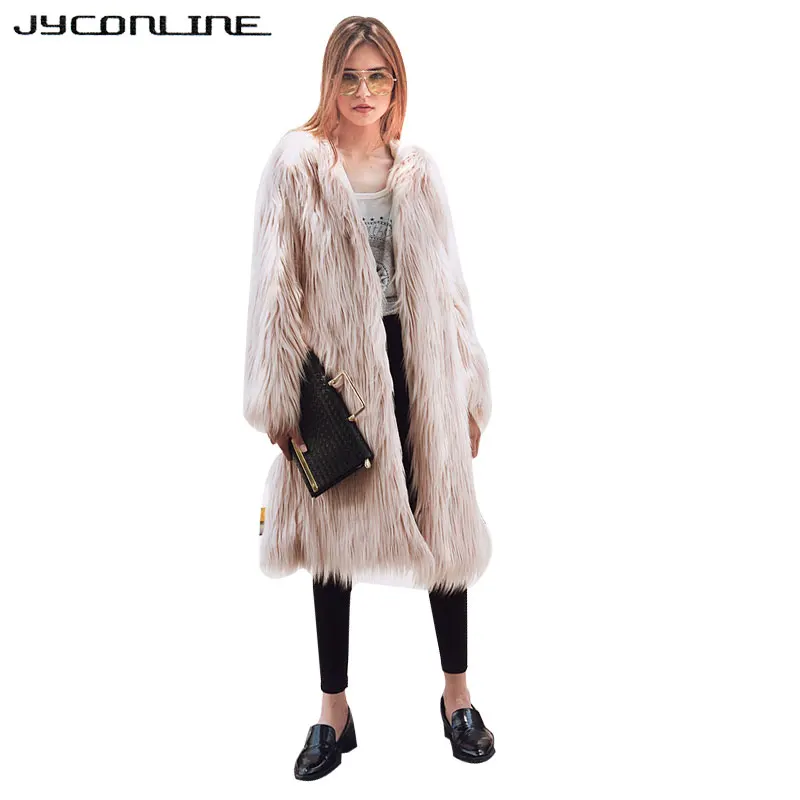 JYConline элегантное пушистое пальто из искусственного меха женское теплое длинное