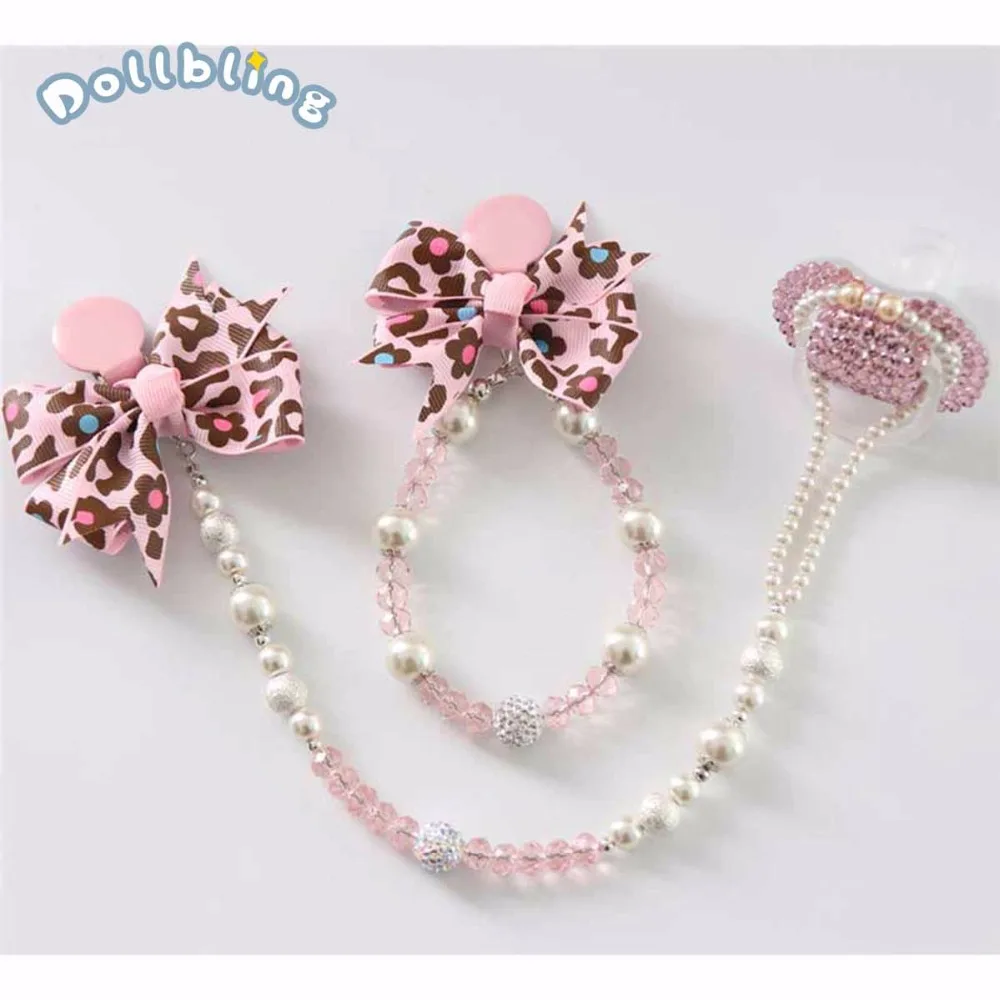 Dollbling, детские соски с жемчугом, клипса, держатель на цепочке, на заказ, с кристаллами, бисероплетение, пустышка на цепочке, розовый леопард, пустышка на цепочке, без соски - Цвет: with pink pacifier