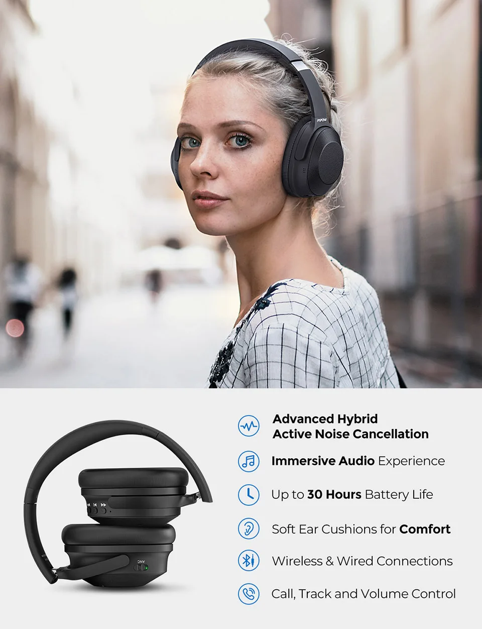 Mpow H12 Bluetooth ANC наушники беспроводные наушники Проводная гарнитура с микрофоном HiFi Звук глубокий бас 30H время воспроизведения для Iphone 11
