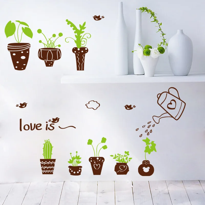 Съемные настенные наклейки с изображением свежих растений белого горшка зеленых
