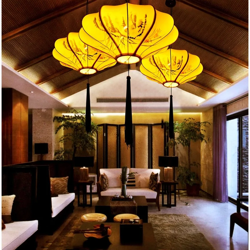Китайские классические люстры фонарики из ткани роспись Гостиная люстра