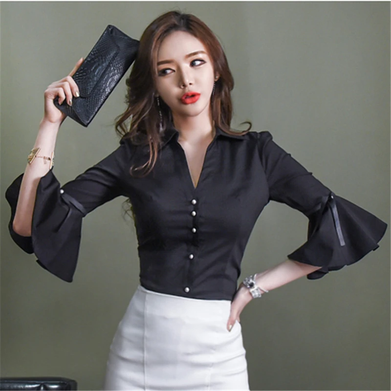 Летние шифоновые Для женщин блузки с расклешенными рукавами Повседневное Camisas