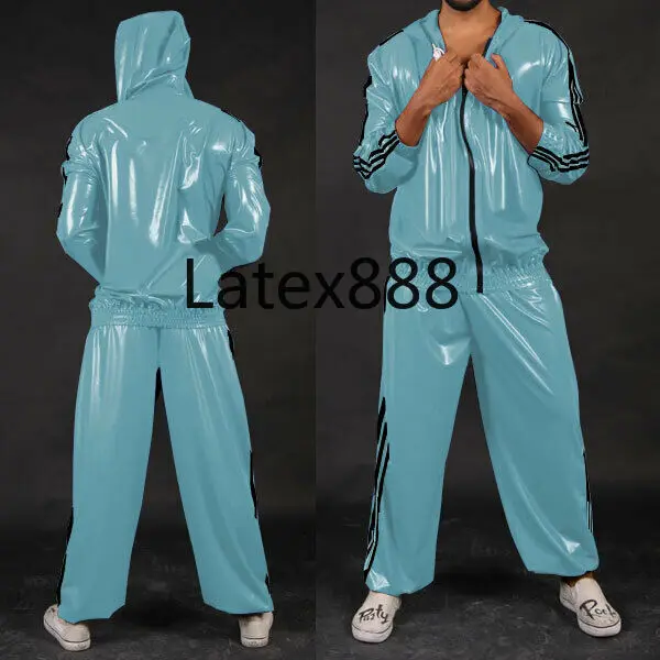 Чистый искусственный латекс для мужчин светло голубой с черной молнией капюшон