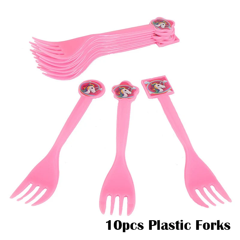 10pcs Plastic Forks Вечерние одноразовые столовые приборы с единорогом для украшения вечеринки на день рождения Детские вечерние принадлежности с единорогом - Цвет: 10pcs Plastic Forks
