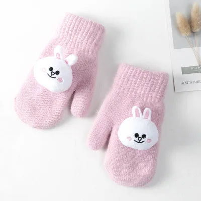 pink Милые варежки с кроличьим мехом для школьников, утепленные детские перчатки, теплые зимние перчатки, детские теплые шерстяные перчатки - Цвет: pink