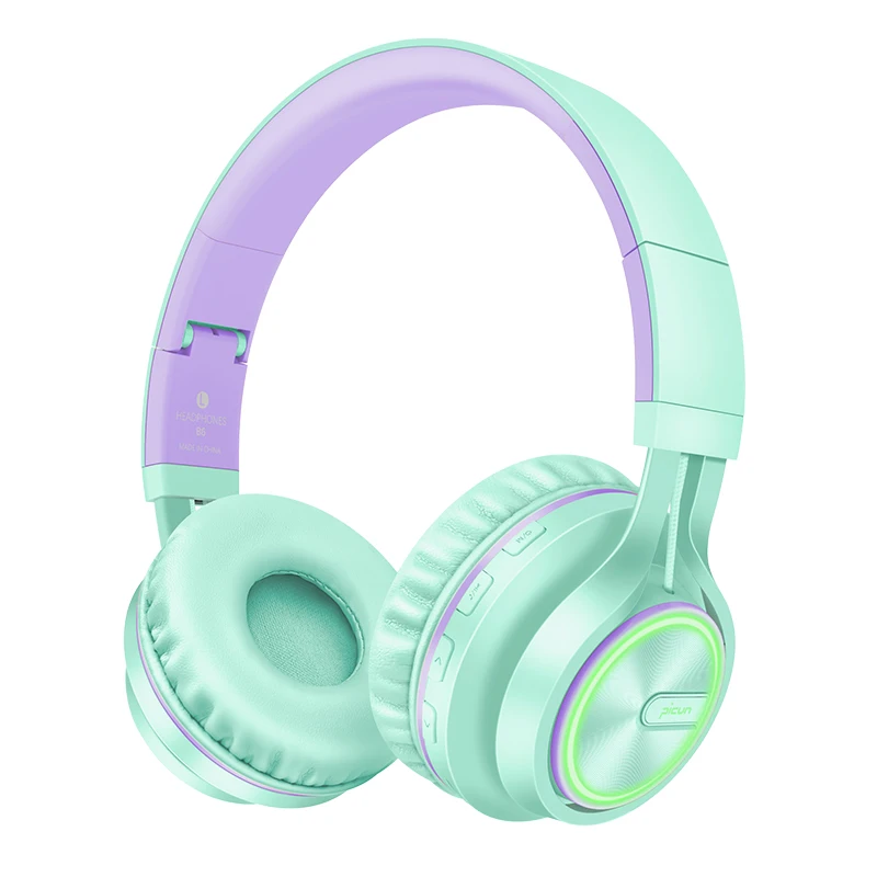 Green Purple Bluetooth наушники Романтический светодиодный светильник Hi-Fi стерео беспроводные наушники на ухо с микрофоном складной проводной/TF режим для ПК ТВ телефона - Цвет: Green Purple