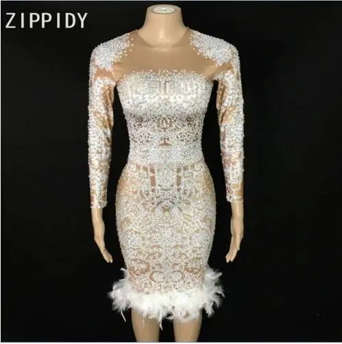 

Sparkly Rhinestones black white Feather Spandex Dress Women's Birthday Celebrate Outfit Dress Nightclub Bar Women Singer Dance S