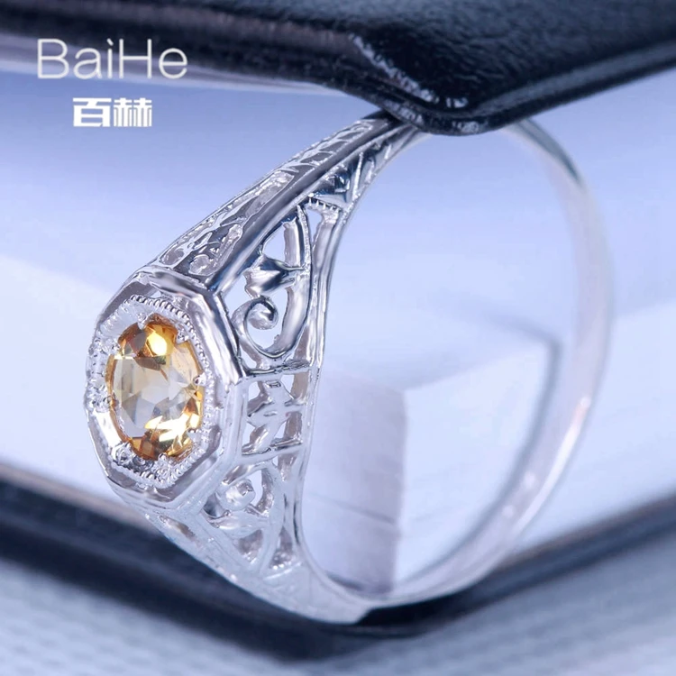 BAIHE Стерлинговое Серебро 925 0.92ct Сертифицированный желтый безупречный круглый настоящий Цитрин обручальное женское старинные ювелирные украшения кольцо