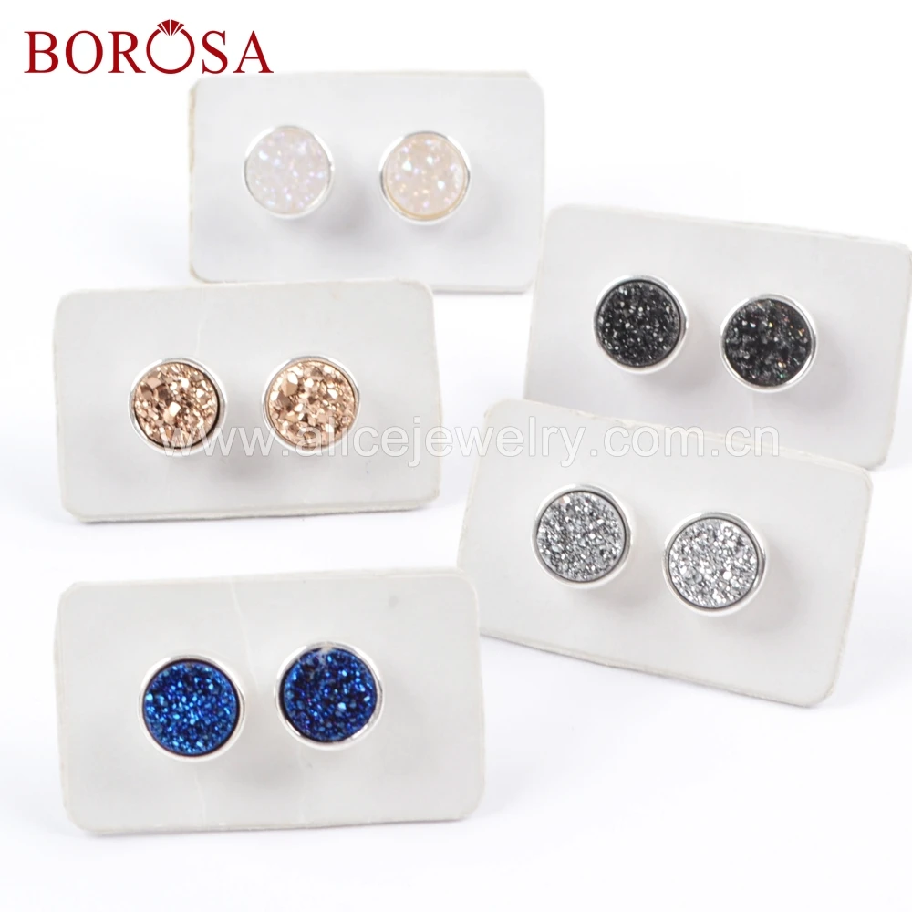 BOROSA 5 пар Новинка 9 мм Круглые Серьги серебряного цвета цвет титан Радужная Друза s