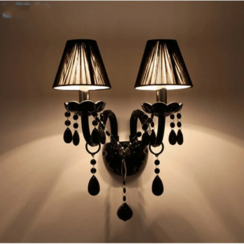 

2 Lights Black Crystal Wall Lamps Candle E14 Bulb Double Heads Crystal Wall Lights Black Silk Fabric Lampshade Bedroom Lighting