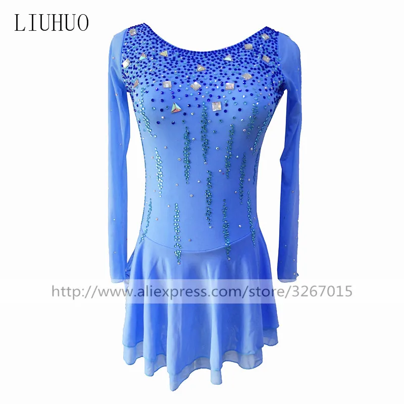 

LIUHUO Women Girl Performance Aldult Gymnastics Competition Leotard Ice Figure Skating Dress Dance Costume Long Sleeve Sky Blue