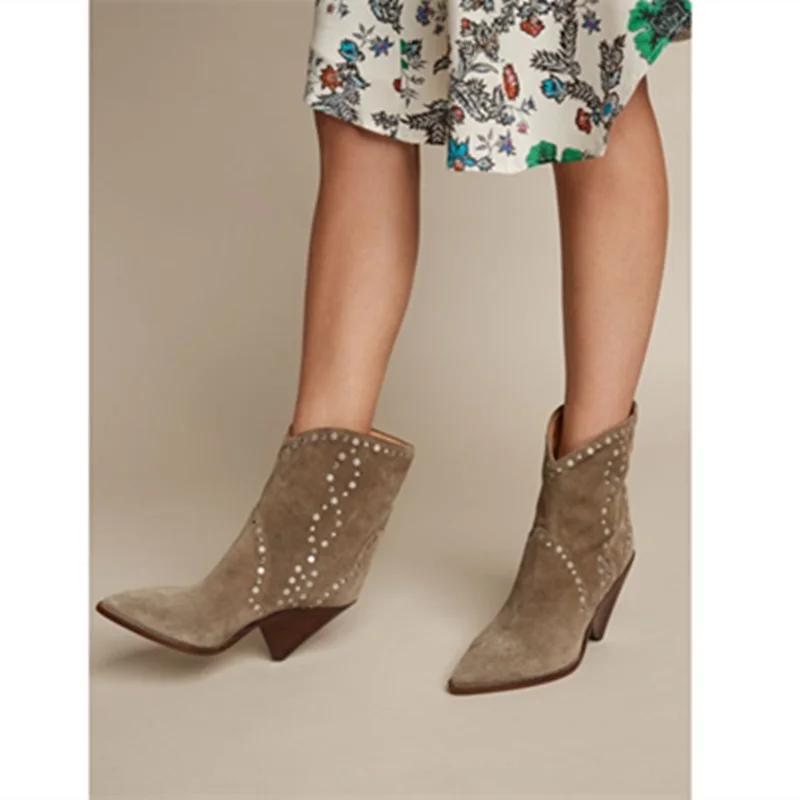 

New suede leather boats high heels fashion rivets studded ankle boots spike heels women autumn winter short shoes