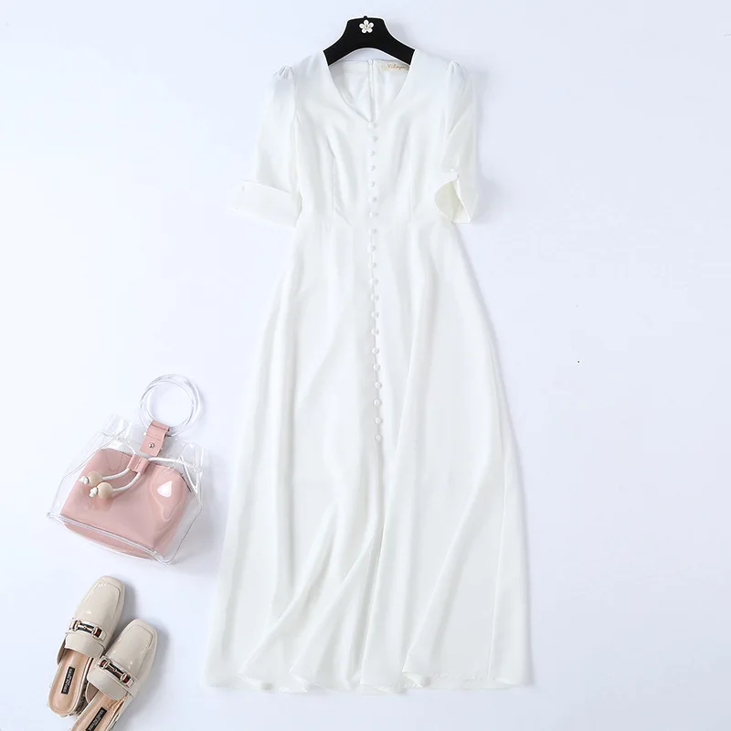 Summer White Dress Women V Neck Short Sleeve Office Lady Elegant Casual Solid Long Dresses Vestidos 2019 New Fashion | Женская одежда