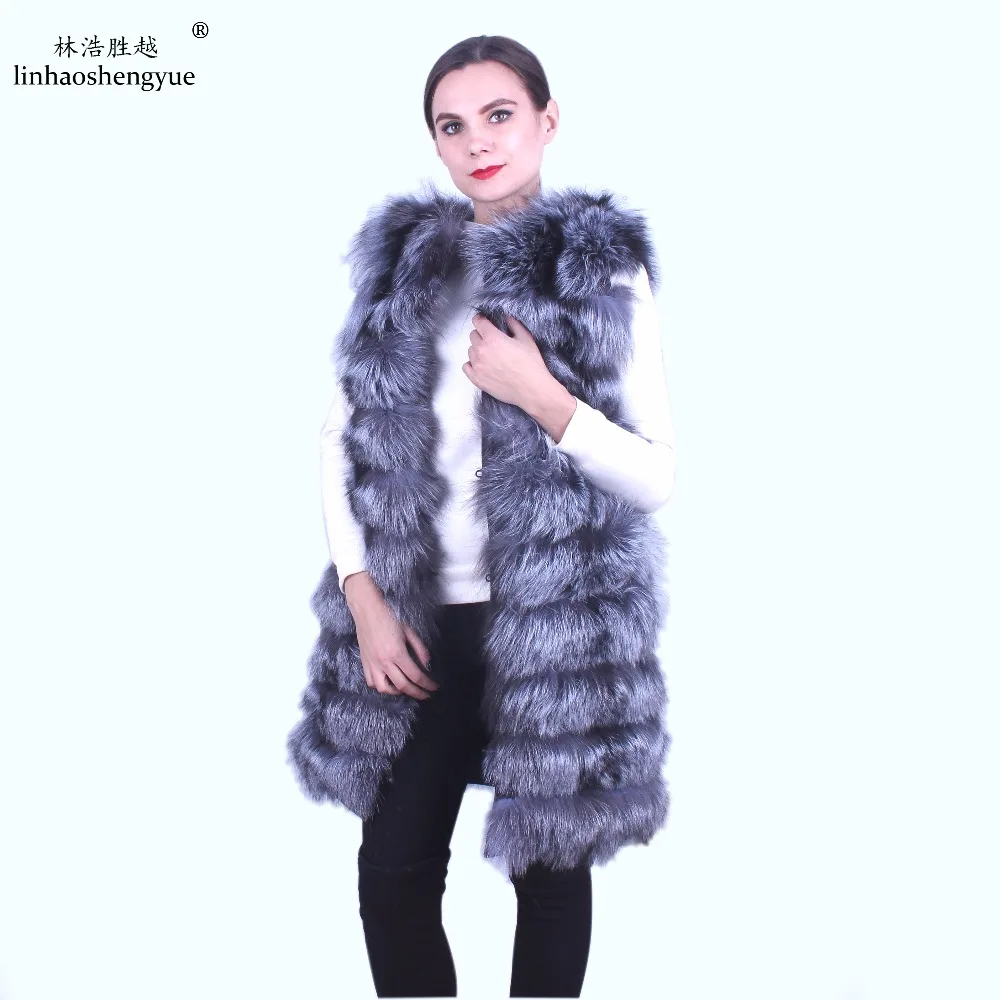Linhaoshengyue  Women Silver Fox Fur Vest  Long Vest Real Silver Fox Fur
