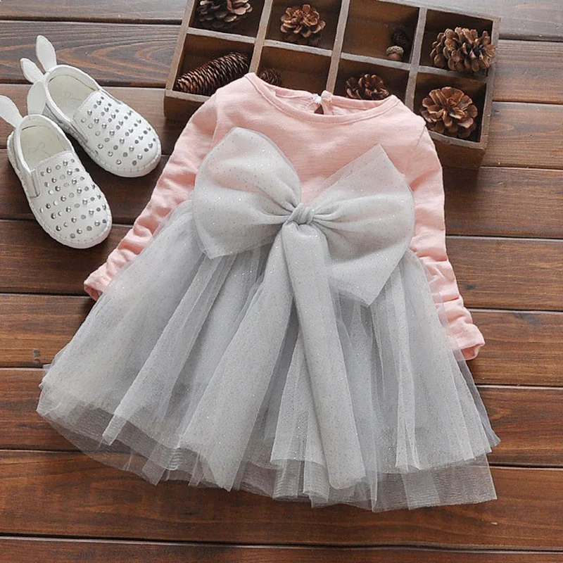 Baby Girls 2019 Autumn Cute Dress Children's Mesh Princess Big Bow Long Sleeve Ball Gown Dresses Birthday party for Kids Clothes | Детская