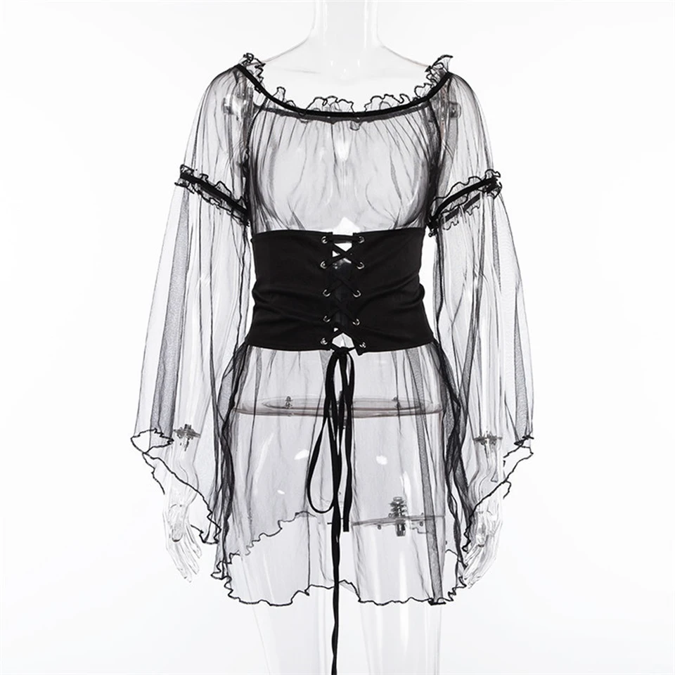 Женское платье с открытыми плечами JillPeri Сетчатое расклешенное поясом