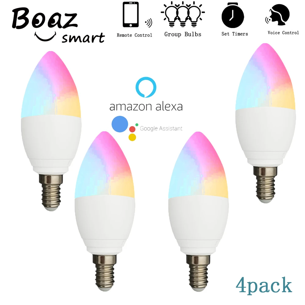 BoazSmart E14 Светодиодная лампа в форме свечи Smart WiFi RGBW светильник с голосовым управлением от Alexa Echo Google Home Tuya APP дистанционное управление 4 шт. в упаковке