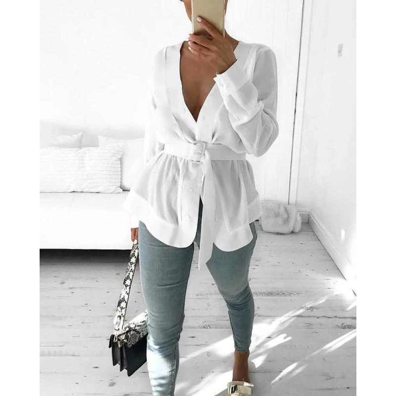 Women Sexy V Neck Long Sleeve White Slim Short Style Windbreaker With Sashes Ladies Casual High Street Jacket Outcoat SJ3521E | Женская