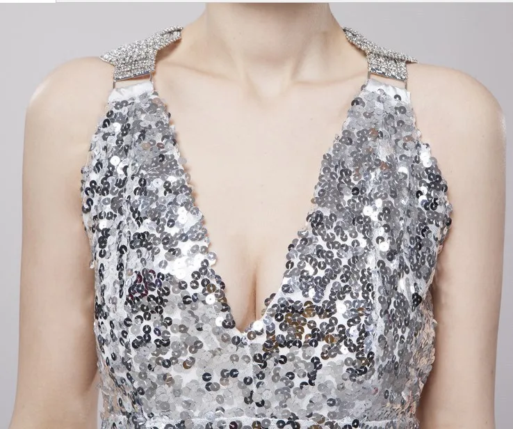 Черный серебристый красное золото вечерние платья русалка блесток невесты V шеи