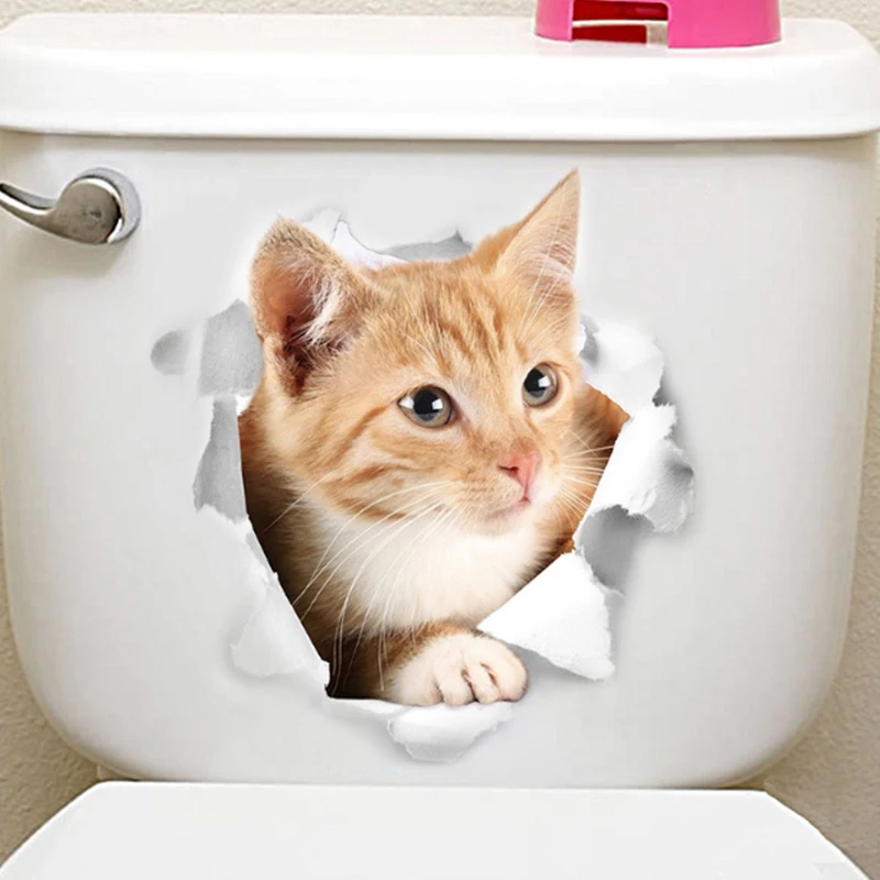 Мультяшные наклейки с животными кошка 3D настенная наклейка на Туалет ПВХ