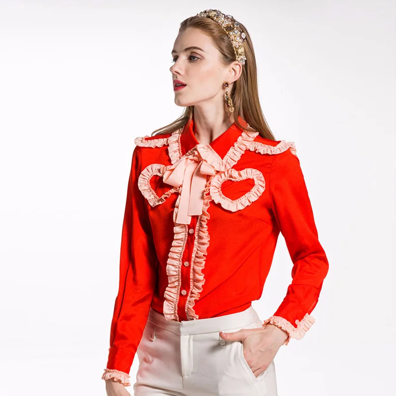 Блузка женская с длинным рукавом и оборками красная бантом отложным