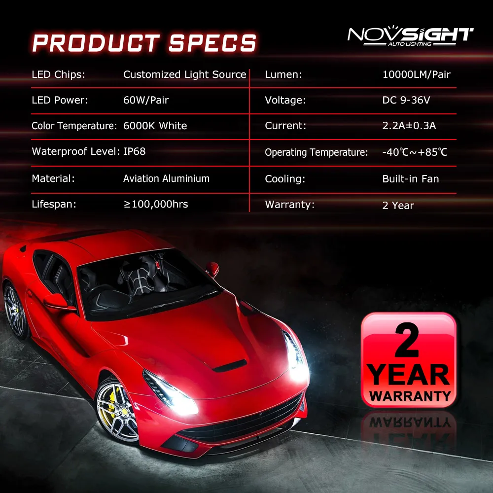 NOVSIGHT 2018 Новинка H4 Автомобильные светодиодные фары Лампа 6000K 60 Вт 10000LM CSP