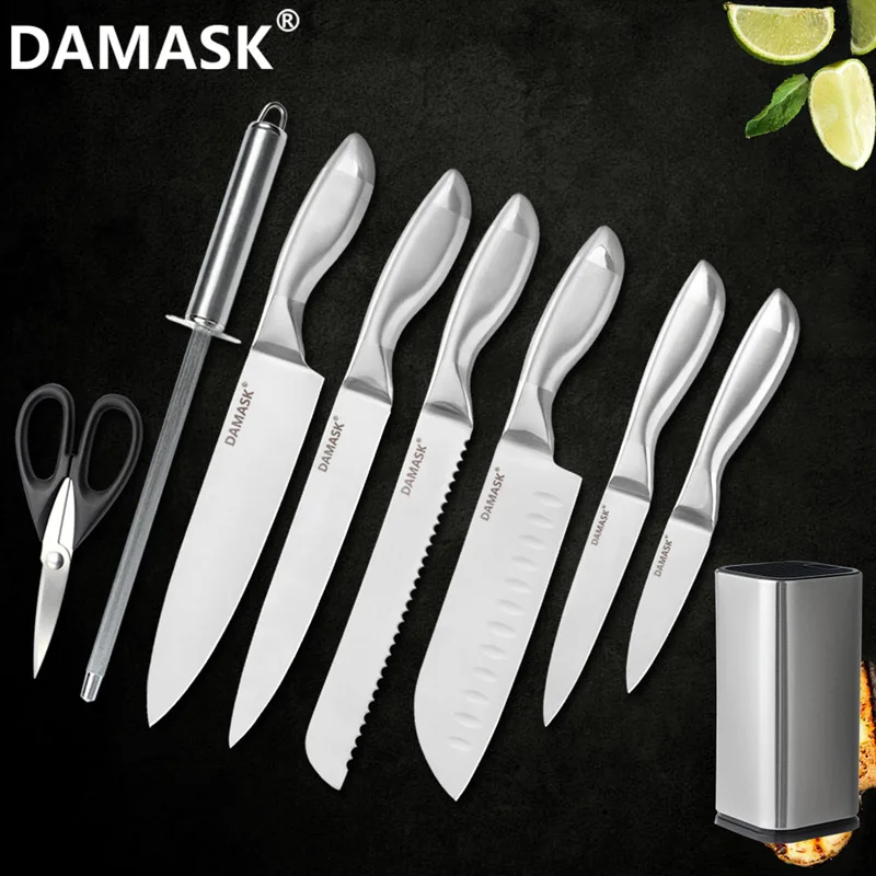 9 PCS Дамасский набор кухонных ножей, кухонный нож японского шеф-повара из нержавеющей стали с подставкой для ножей, эргономичный дизайн ручки, нож для мяса - Цвет: 9 PCS