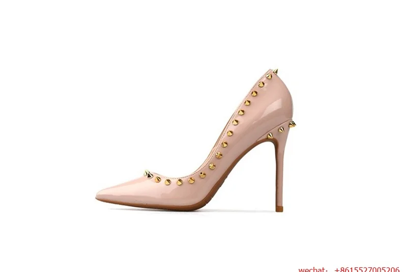 

Discount Gold Rivets Pointed toe Thin High Heels Sexy Nude PU Leather Dress Pumps Women Gladiator Shoes 10cm 12cm Stiletto Heels