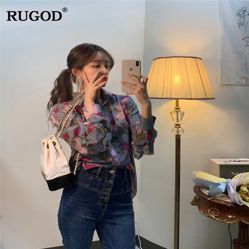 RUGOD/женские рубашки с цветочным принтом элегантные свободные рукавами в форме