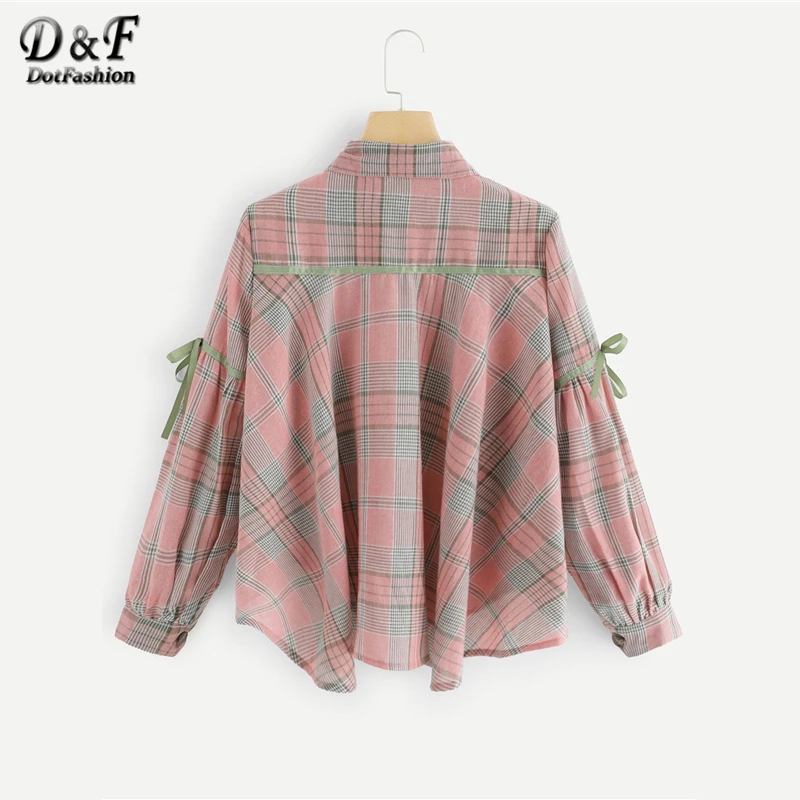 Dotfashion Блузка в клетку с изогнутым подолом и завязками, Женские повседневные топы, осенняя уличная одежда, Весенняя рубашка с длинным рукавом