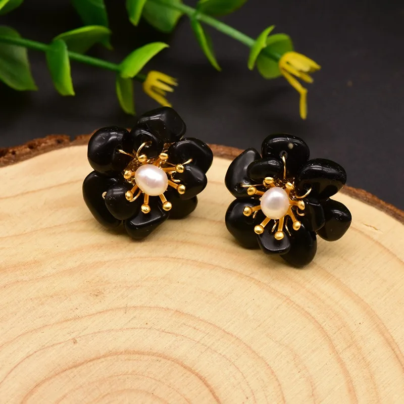GLSEEVO Natural Jade Pearl Stud Earrings For Women Mom Birthday Day Gift 925 Sterling Silver Flower Earring Fine Jewelry GE0780