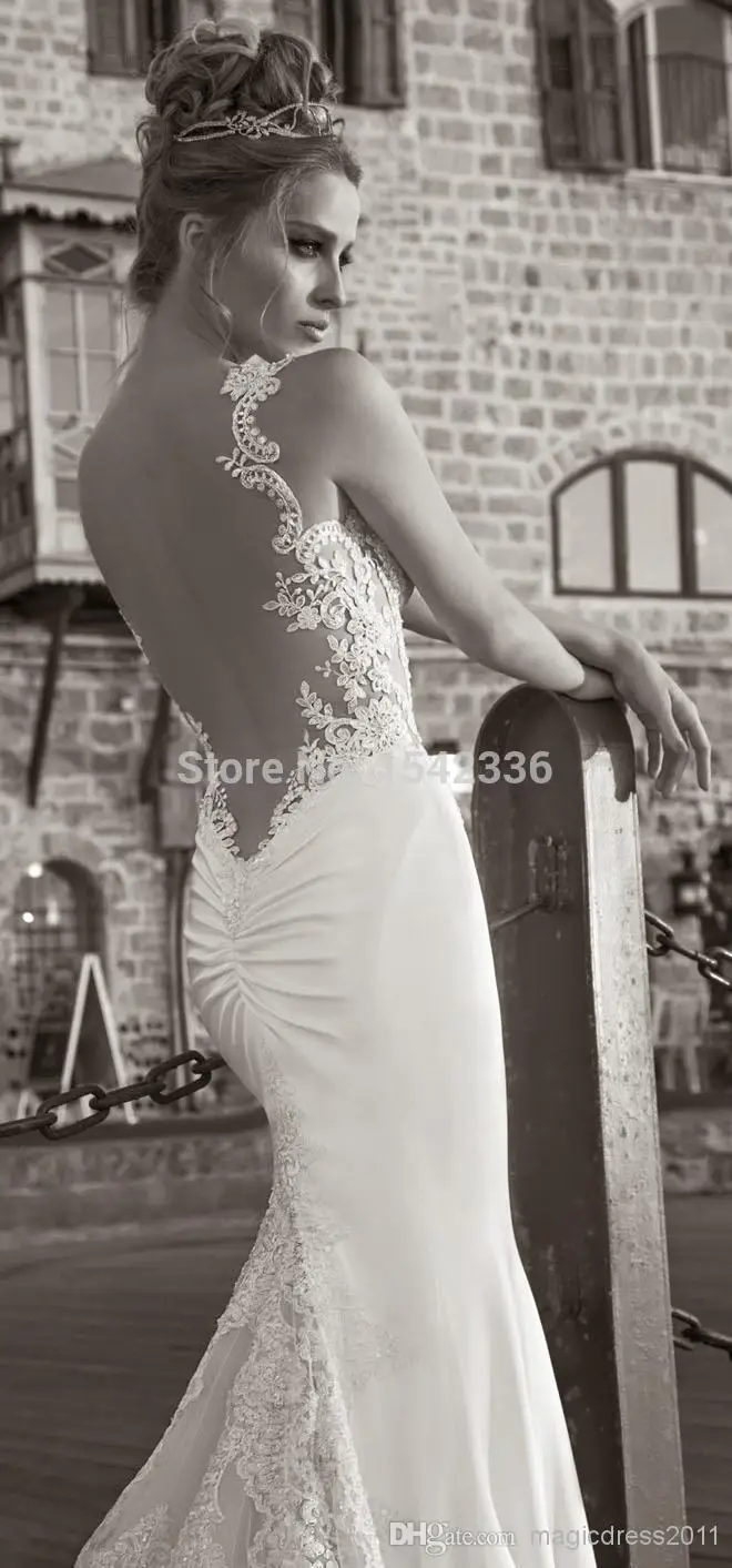 Mermaid Wedding Dresses 2015 Galia Lahav Summer Lace Bare Back Dress Bridal Gown Sheer Straps Tiers Sweep-train | Свадьбы и