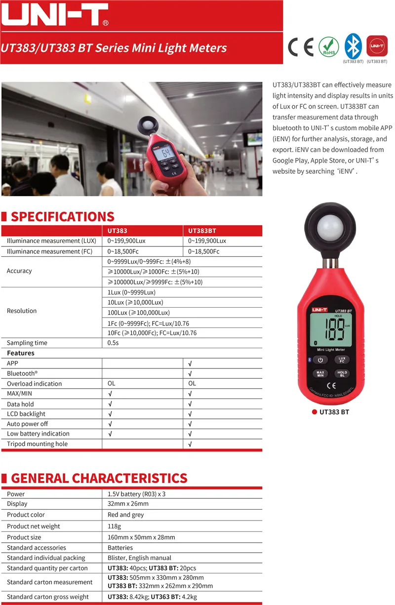 UNI-T UT383/UT383BT(Bluetooth) мини-светильник; ручная цифровая Освещенность метр/люмен метр/Люкс метр
